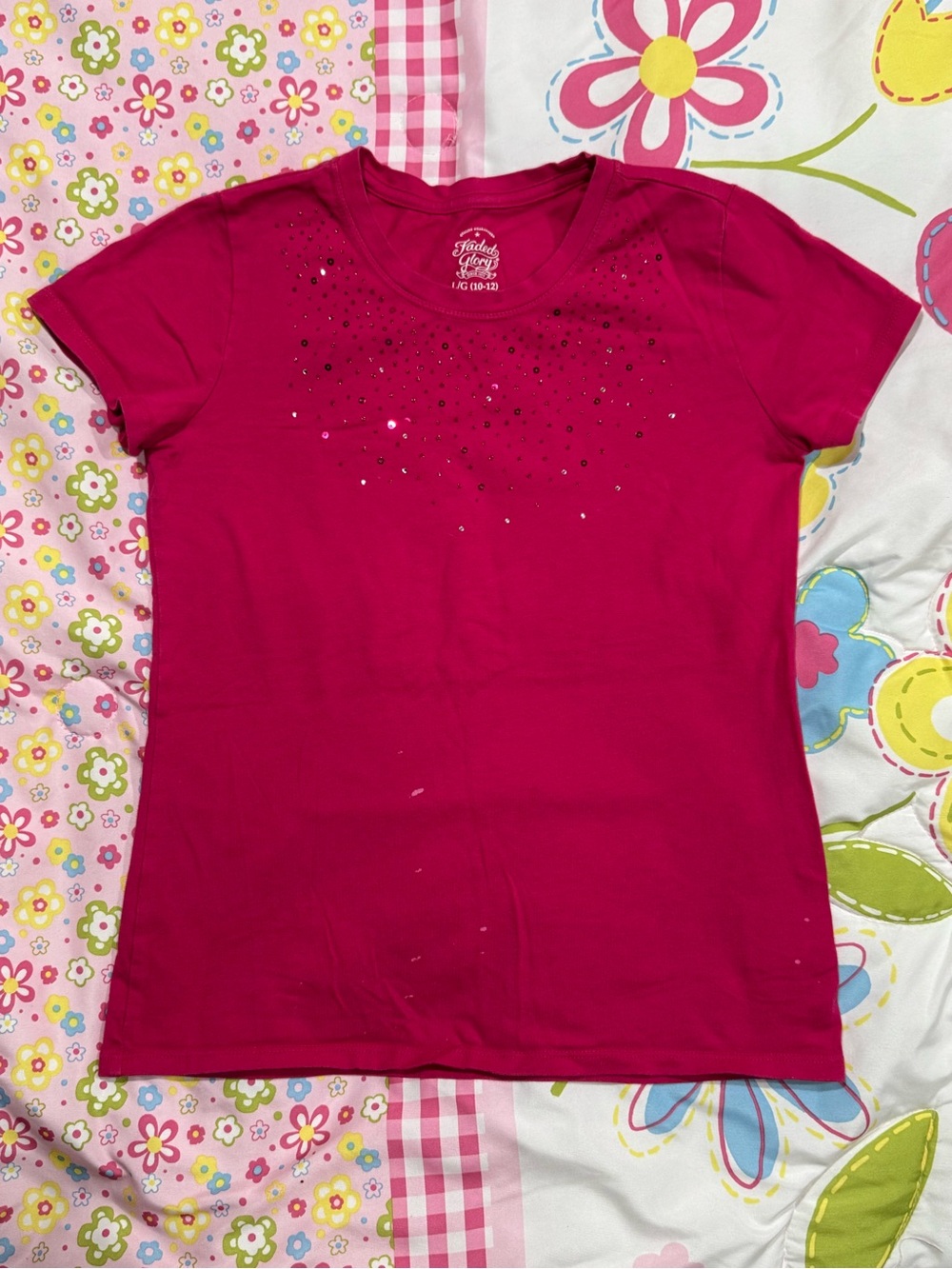 Faded Glory Fuchsia Short Sleeve Tee with Rhinestone Yoke